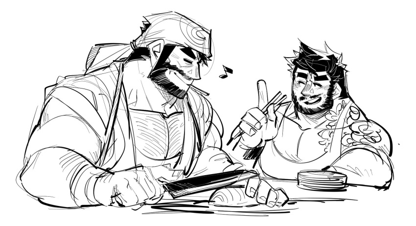 2boys ^_^ arm_hair bara bare_shoulders beard black_hair chef chef_tatsuo_(juggermelon) chopping chopsticks closed_eyes cropped_torso cutting_board duncan_wijaya_(kokukokuboo) facial_hair food greyscale hairy headband highres holding holding_chopsticks holding_knife index_finger_raised knife kokukokuboo large_pectorals makizushi male_focus mature_male monochrome multiple_boys muscular muscular_male mustache original pectoral_cleavage pectorals short_hair shoulder_tattoo sideburns spiked_hair sushi tank_top tattoo thick_eyebrows tied_sleeves upper_body