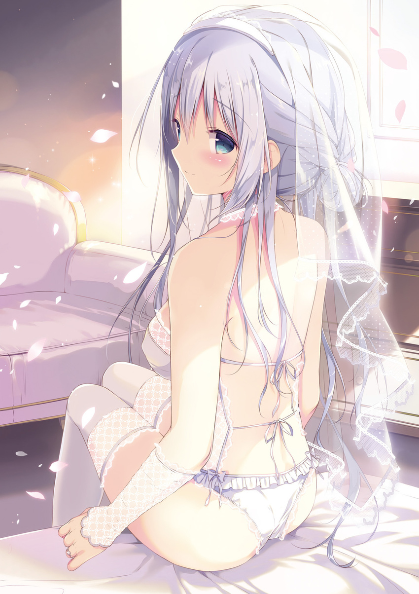 ass back bangs bare_shoulders bed blue_eyes blush bow bow_panties bra breasts closed_mouth couch dengeki_moeou eyebrows eyebrows_visible_through_hair frilled_panties frills from_behind hair_between_eyes hair_bun highres jewelry lace lace-trimmed_thighhighs legs_together lingerie long_hair looking_at_viewer looking_back medium_breasts non-web_source on_bed original panties petals purple_hair purple_panties ring scan shiratama_(shiratamaco) sidelocks sitting sitting_on_bed smile solo thighhighs underwear veil wedding_ring white_bra white_panties
