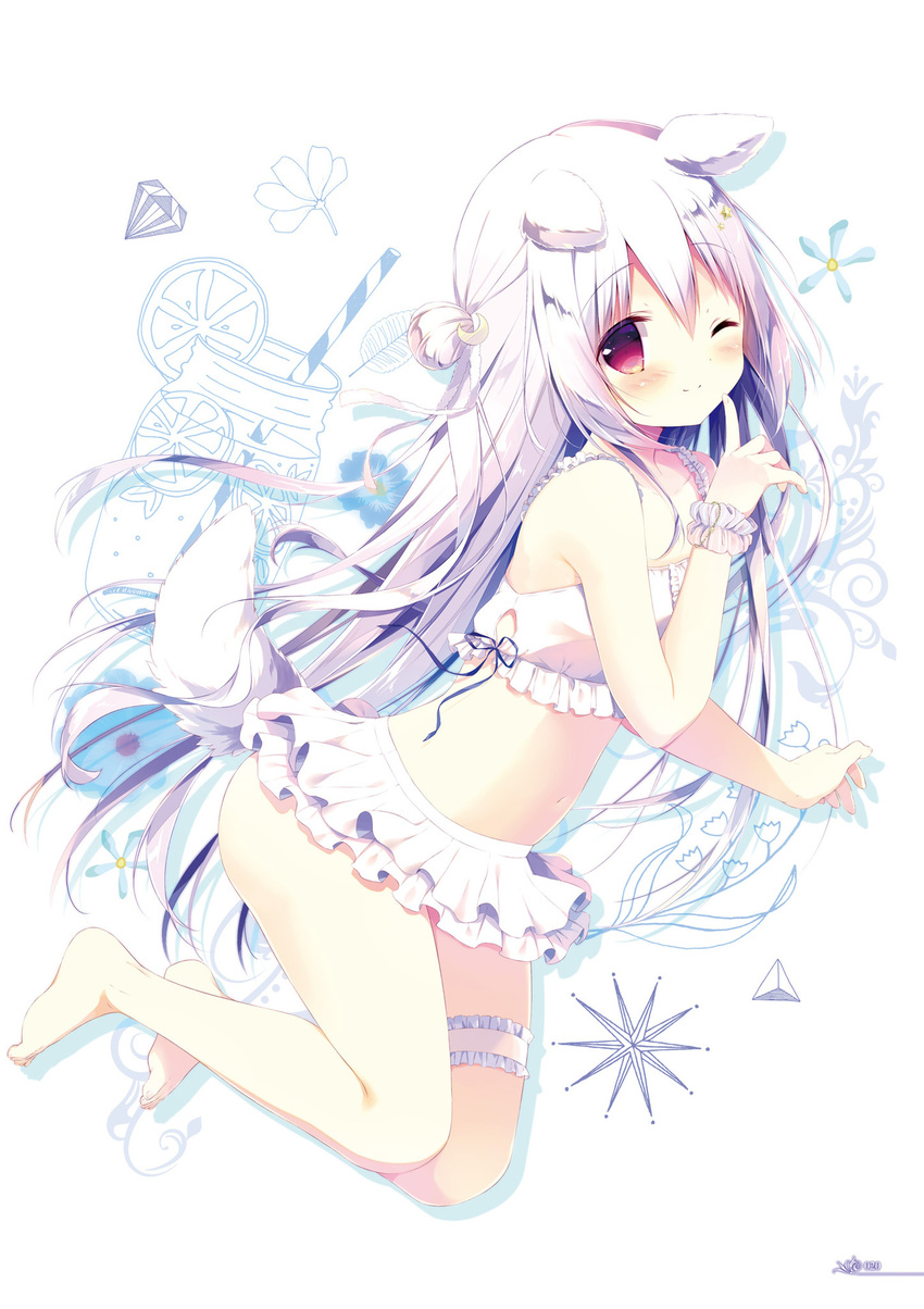 ;) animal_ears bangs bare_shoulders barefoot blue_flower blush camisole collarbone crescent crescent_hair_ornament crop_top diamond dog_ears dog_girl dog_tail drinking_straw eyebrows_visible_through_hair fingernails flower frills full_body hair_between_eyes hair_bun hair_ornament hair_ribbon hand_up highres index_finger_raised leg_garter long_hair looking_at_viewer microskirt one_eye_closed original red_eyes ribbon scrunchie shiratama_(shiratamaco) shiroi_inu silver_hair skirt smile solo tail toenails very_long_hair white_camisole white_ribbon white_scrunchie white_skirt wrist_scrunchie