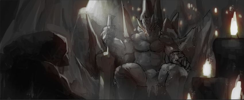 abs agitype01 anthro bulge chair clothing dragon horn loincloth male muscular muscular_male restricted_palette sitting sketch solo throne