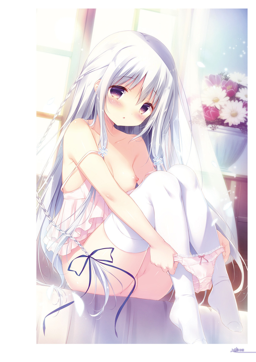 blue_bow blue_ribbon blush blush_stickers bow bow_panties braid breasts collarbone eyebrows_visible_through_hair flower grey_hair hair_between_eyes highres long_hair looking_at_viewer miyohashi_koori nipples non-web_source panties panty_pull pink_bow pink_panties planter ribbon scan shiratama_(shiratamaco) sitting small_breasts solo sugatem!_-sugarfull_tempering- underwear undressing white_legwear window