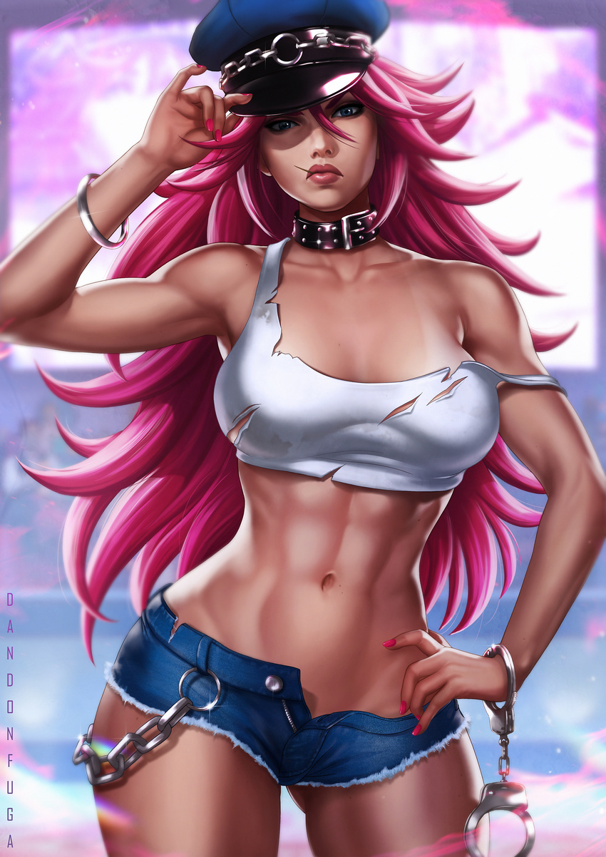 1girl abs absurdres adjusting_hat armpits artist_name bare_legs bare_shoulders blue_eyes blurry blurry_background bracelet breasts cap chains closed_mouth collar collarbone cowboy_shot cuffs curly_hair dandon_fuga eyeshadow final_fight hand_on_hip hat highres legs lips long_hair looking_at_viewer midriff nail_polish navel off_shoulder pink_hair poison_(final_fight) police_hat red_nails serious short_shorts shorts simple_background sleeveless solo standing tan tanline thighs toned toothpick torn_clothes unbuttoned unzipped wavy_hair