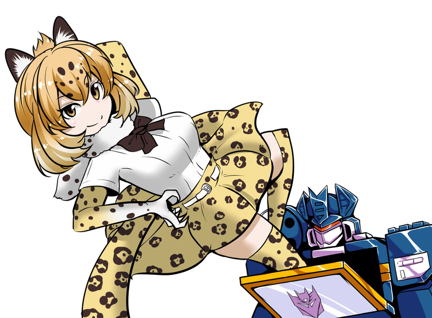1girl 80s animal_ears blonde_hair bow bowtie breasts cannon commentary crossover decepticon elbow_gloves fur_collar gloves highres huge_breasts insignia jaguar_(kemono_friends) jaguar_ears jaguar_print jaguar_tail kemono_friends large_breasts looking_at_viewer multicolored_hair namesake oldschool pun red_eyes robot shirt short_hair short_sleeves simple_background skirt smile soundwave tail thighhighs torii5011 transformers weapon white_background yellow_eyes