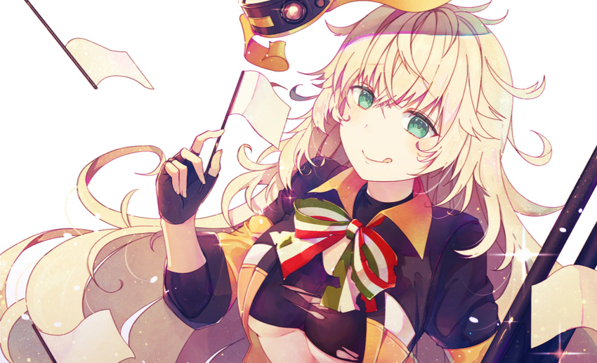 :q bangs black_gloves blonde_hair blush breasts closed_mouth collared_jacket commentary_request eyebrows_visible_through_hair fingerless_gloves flag girls_frontline gloves green_eyes hair_between_eyes hairband holding holding_flag jacket light_particles long_hair looking_at_viewer messy_hair orange_hairband s.a.t.8_(girls_frontline) shirt sidelocks sleeves_rolled_up smile solo sparkle tongue tongue_out torn_clothes underboob very_long_hair white_background white_flag yuizayomiya