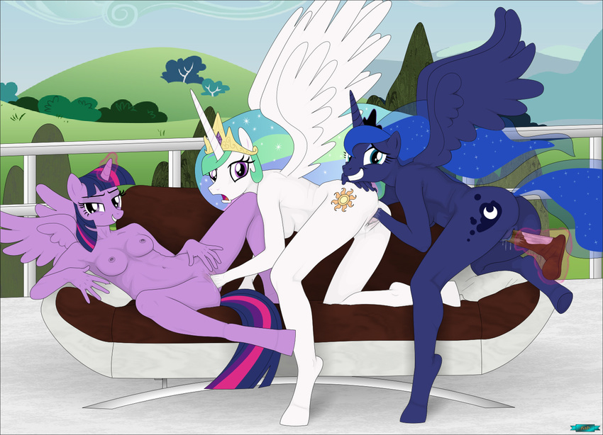 2018 anthro anthrofied blue_feathers blue_fur breasts butt cosmic_hair crown dildo equine fab3716 feathers female female/female fisting friendship_is_magic fur grin group group_sex hooves horn horse levitation looking_at_viewer lying magic mammal my_little_pony nude on_back open_mouth outside penetration pony princess_celestia_(mlp) princess_luna_(mlp) purple_feathers purple_fur pussy pussy_juice sex sex_toy smile sofa spread_legs spreading threesome twilight_sparkle_(mlp) vaginal vaginal_fisting vaginal_penetration white_feathers white_fur winged_unicorn wings