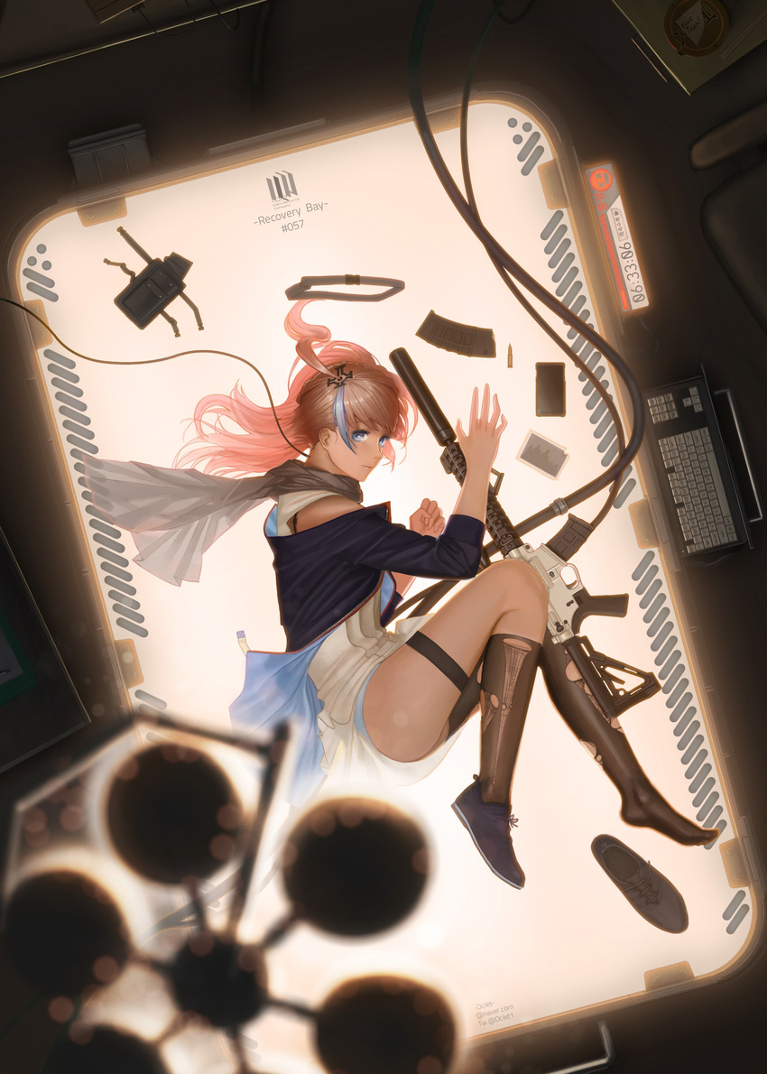 absurdres ammunition_pouch ar-15 artist_name ass bangs belt black_gloves black_legwear blue_eyes blue_hair blue_panties buckle bullet cable cartridge clenched_hand closed_mouth commentary_request dress eyebrows_visible_through_hair fingerless_gloves gameplay_mechanics girls_frontline gloves gun hair_between_eyes hair_ornament highres jacket keyboard kneehighs long_hair looking_at_viewer lying magazine_(weapon) magpul multicolored_hair oclet on_side one_side_up panties pink_hair pouch repair_bay rifle scarf shoe_removed sidelocks single_kneehigh single_thighhigh smile solo st_ar-15_(girls_frontline) streaked_hair suppressor thigh_strap thighhighs thighs twitter_username underwear weapon zipper