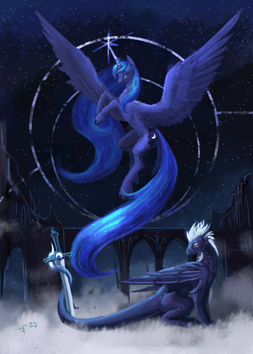 2018 blue_eyes blue_feathers blue_hair dalagar digital_media_(artwork) dragon duo equine feathered_wings feathers female feral friendship_is_magic hair horn mammal my_little_pony princess_luna_(mlp) sitting winged_unicorn wings