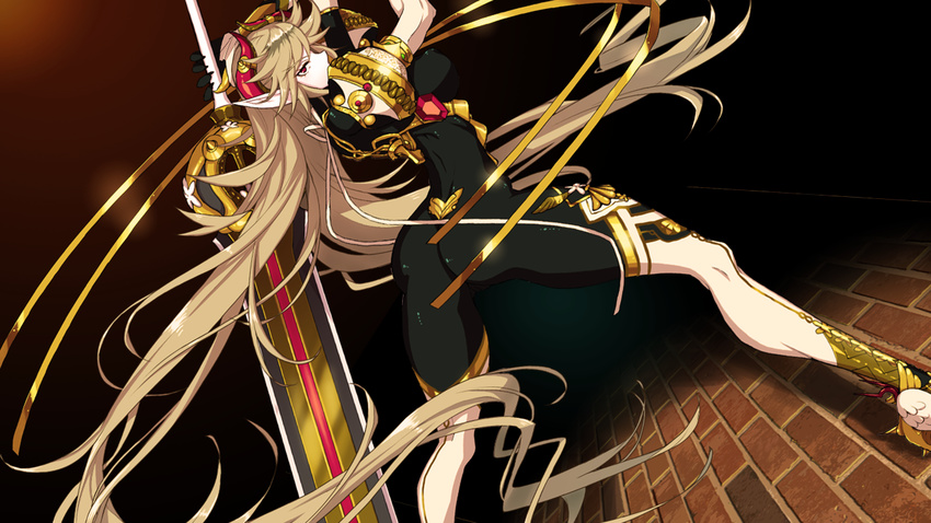 ass breasts covered_nipples from_behind holding holding_sword holding_weapon horns kome_(vm500) large_breasts light_brown_hair long_hair long_sword looking_at_viewer pointy_ears red_eyes sideboob skin_tight solo sword very_long_hair weapon