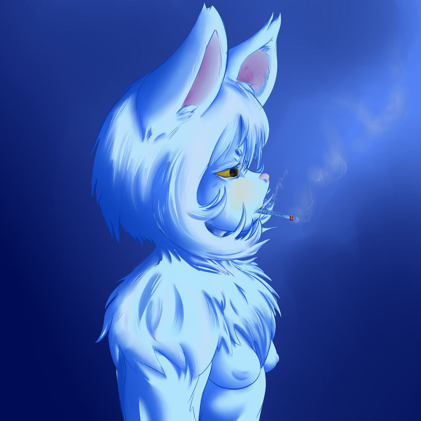 annoyed aureola bakeneko blue_background blue_theme breasts cat feline female fur inverted_nipples mammal nelsha_(artist) nelsha_(character) nipples nude portrait simple_background smoking