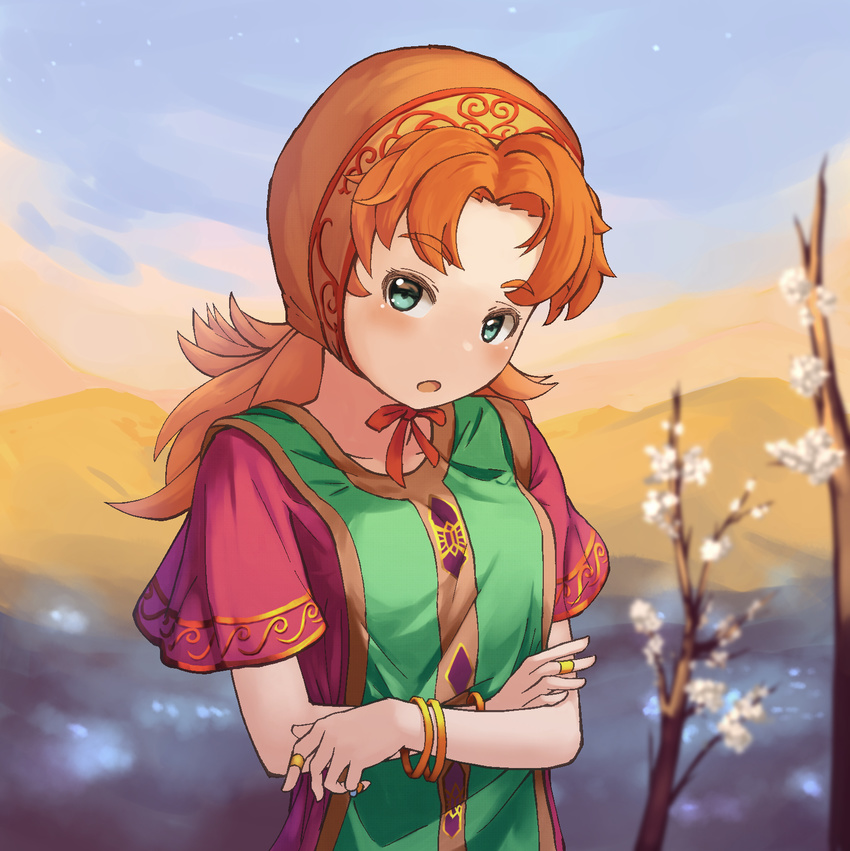 blue_eyes breasts commentary_request curly_hair dragon_quest dragon_quest_vii dress flower hat highres hood jewelry layered_dress long_hair looking_at_viewer maribel_(dq7) medium_breasts mountain open_mouth orange_hair ring santatsuki sky solo tree