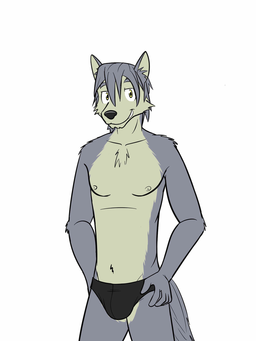 anthro bikini_briefs black_underwear clothed clothing fuze kouya_(morenatsu) male morenatsu nipples open_mouth simple_background skinny topless white_background