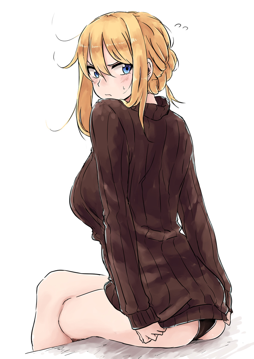 :s absurdres black_panties blonde_hair blue_eyes blush braid breasts brown_sweater closed_mouth covering covering_ass crossed_legs flying_sweatdrops highres large_breasts long_sleeves looking_at_viewer looking_back original panties rucchiifu simple_background sitting solo sweatdrop sweater underwear white_background