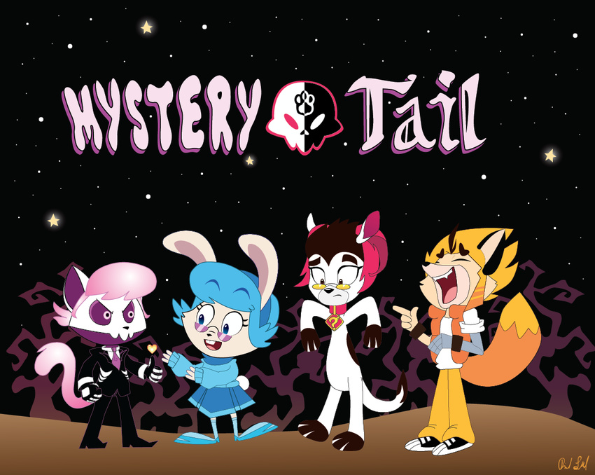 &lt;3 anthro arthur_(mystery_skulls) blue_hair clothed clothing daniel_lawhead eyewear female glasses group hair laugh lewis_the_skeleton male melody_(true_tail) mystery_(mystery_skulls) mystery_skulls night_sky pink_hair red_hair star true_tail viktor_(true_tail) vivi_(mystery_skulls)