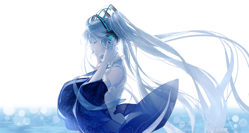 bare_shoulders blue_hair blue_neckwear closed_eyes closed_mouth commentary_request detached_sleeves floating_hair from_side grey_shirt hands_up hatsune_miku headphones highres long_hair long_sleeves necktie profile shangguan_feiying shirt solo upper_body very_long_hair vocaloid wide_sleeves