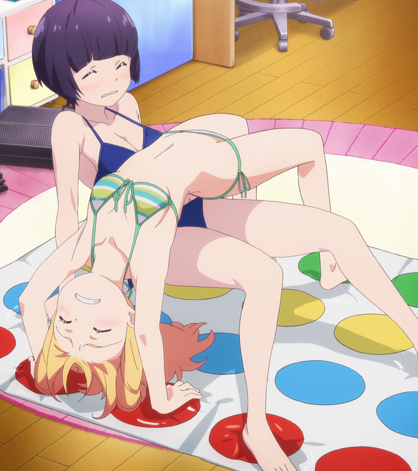 2girls barefoot bikini blonde_hair blush clenched_teeth drill_hair eromanga_sensei eyes_closed feet female multiple_girls navel pink_bikini senju_muramasa short_hair side-tie_bikini small_breasts striped striped_bikini swimsuit twin_drills twister yamada_elf