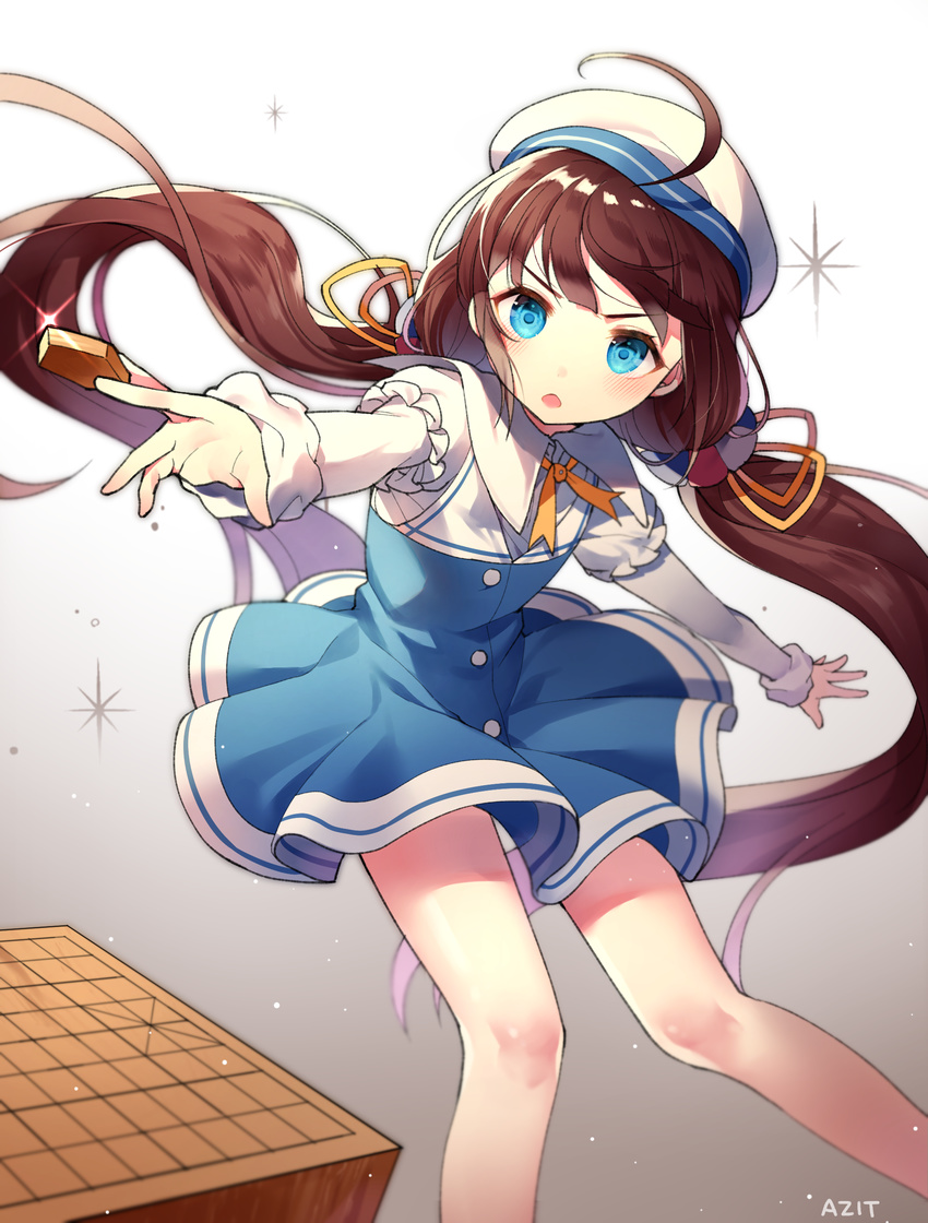 absurdres ahoge artist_name azit_(down) beret between_fingers blue_dress blue_eyes blush board_game brown_hair commentary_request dress gradient gradient_background grey_background hair_ribbon hat highres hinatsuru_ai holding long_hair long_sleeves looking_at_viewer low_twintails outstretched_arms parted_lips puffy_short_sleeves puffy_sleeves ribbon ryuuou_no_oshigoto! school_uniform short_over_long_sleeves short_sleeves shougi solo twintails v-shaped_eyebrows very_long_hair white_background white_hat yellow_ribbon