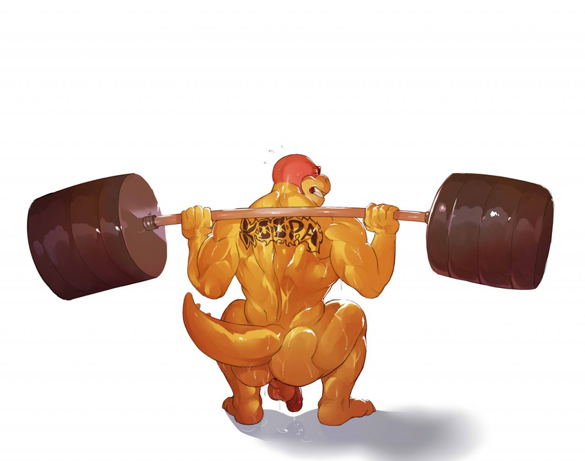 anus backsack balls captain_nikko exercise koopa koopaling male mario_bros muscular nintendo penis roy_koopa scalie simple_background solo sweat tattoo video_games weightlifting white_background workout