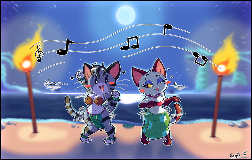 2018 animal_crossing anthro beach beauty_mark big_breasts blush breasts cat cleavage clothed clothing coconut_bra dancing digital_media_(artwork) eyeshadow feline female fur grass_skirt hair hi_res hula iamaneagle_(artist) lolly_(animal_crossing) makeup mammal mole_(marking) navel nintendo olivia_(animal_crossing) outside seaside smile text video_games white_fur