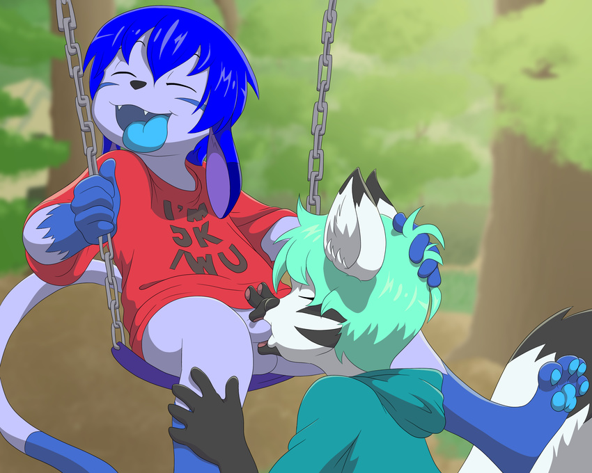 anthro black_fur blue_hair blue_tongue bottomless canine caprine cat child clothed clothing cub eyes_closed feline fox fur hair hand_on_head jastam jastam_(artist) male male/male mammal oral purple_fur swing tongue white_fur young