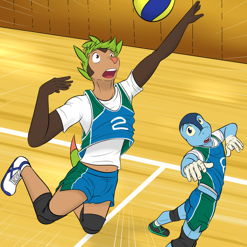 5_fingers action_pose ankle_socks anthro anthrofied ball blue_eyes blue_skin brown_eyes brown_skin chespin clothed clothing digital_drawing_(artwork) digital_media_(artwork) dipstick_tail duo footwear froakie fuze gloves_(marking) green_hair gym hair hi_res humanoid_hands jumping knee_pads legwear looking_aside looking_up male markings multicolored_tail nintendo open_mouth pink_nose playing_sport pok&eacute;mon pok&eacute;mon_(species) pok&eacute;morph pose shirt shoes short_hair shorts socks sport standing t-shirt tan_skin tank_top uniform video_games volleyball volleyball_(ball) volleyball_court white_skin yellow_sclera