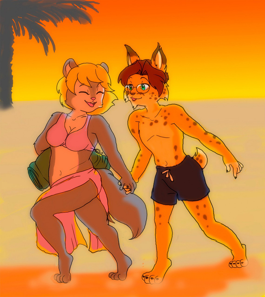 2017 anthro ashlee_hurwitz beach bikini clothed clothing dormouse duo embrace eyewear feline female fluffy fluffy_tail fur glasses good_cheese grey_fur gunther_hausmann hair hi_res interspecies lynx male male/female mammal missebony mouse outside rodent romantic_couple seaside smile spots swimsuit yellow_fur