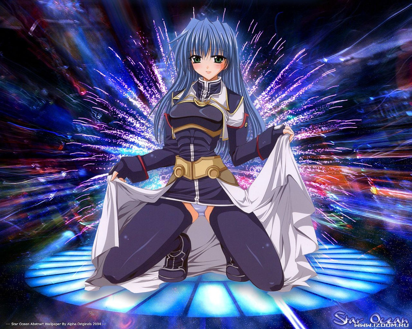 alternate_legwear armor black_legwear blue_eyes blue_hair blush breasts copyright_name crotch kneeling long_hair looking_at_viewer maria_traydor medium_breasts panties pantyshot pantyshot_(kneeling) shinano_yura shiny skirt skirt_lift solo source_request star_ocean star_ocean_till_the_end_of_time thighhighs underwear wallpaper watermark white_panties