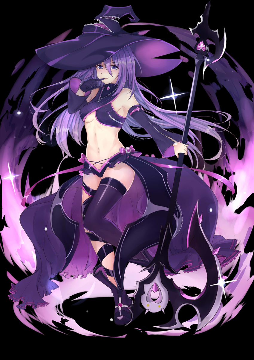 absurdres aisha_(elsword) black_background black_gloves breasts detached_sleeves elsword full_body gloves hat highres holding holding_staff long_hair looking_at_viewer lydia601304 midriff mismatched_legwear navel oz_sorcerer_(elsword) panties purple purple_eyes purple_hair purple_legwear simple_background single_glove smile solo staff standing thighhighs underboob underwear waist_cape witch_hat