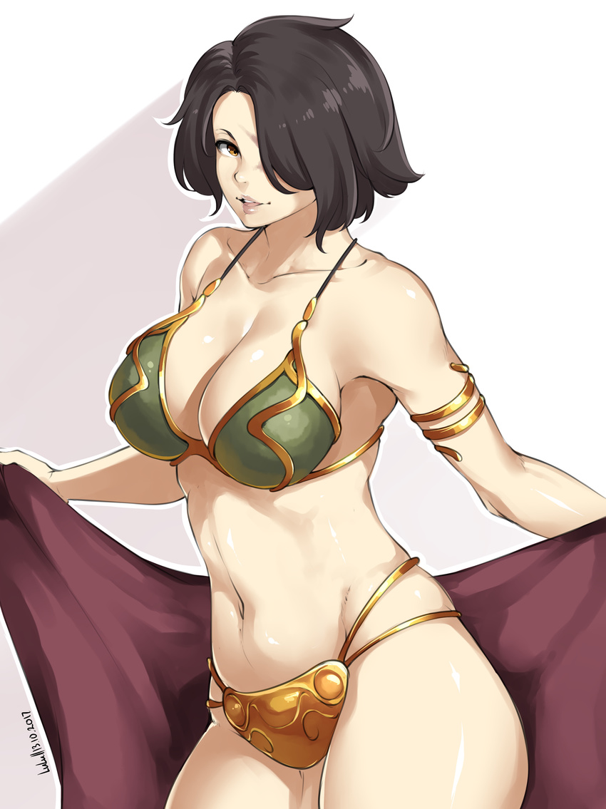 absurdres armor bare_shoulders bikini_armor bikini_top black_hair blush breasts cinder_fall cleavage collarbone commentary cosplay cowboy_shot gold_trim hair_over_one_eye highres large_breasts legs_together lips looking_at_viewer lulu-chan92 midriff navel parted_lips princess_leia_organa_solo princess_leia_organa_solo_(cosplay) rwby scar shiny shiny_hair shiny_skin short_hair smile solo star_wars teeth thighs yellow_eyes