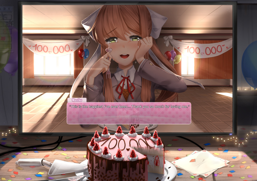 2d_dating :d backlighting balloon bangs blazer blush bow breasts brown_hair cake cake_slicer calendar_(object) classroom collared_shirt commentary computer confetti crying crying_with_eyes_open curtains desk dialogue_box doki_doki_literature_club elbow_rest elbows_on_table english english_commentary eyebrows_visible_through_hair food fork fruit green_eyes grey_jacket hair_bow hand_on_own_cheek hand_on_own_face hands_up happy happy_tears heart highres hits holding holding_fork indoors jacket lens_flare light_particles light_rays lonely long_hair long_sleeves looking_at_viewer medium_breasts monika_(doki_doki_literature_club) monitor neck_ribbon nose_blush open_mouth paper plate ponytail red_neckwear red_ribbon ribbon round_teeth sasoura school_uniform shirt sidelocks sitting slice_of_cake smile solo spoilers strawberry sunbeam sunlight table tears teeth white_shirt window wiping_tears