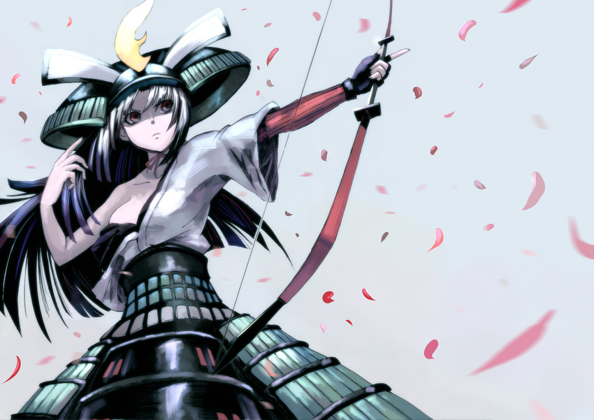 armor black_hair blackcat_(pixiv) bow_(weapon) hadanugi_dousa helmet holding holding_bow_(weapon) holding_weapon japanese_armor japanese_clothes kabuto kusazuri long_hair oboro_muramasa off_shoulder petals red_eyes torahime weapon