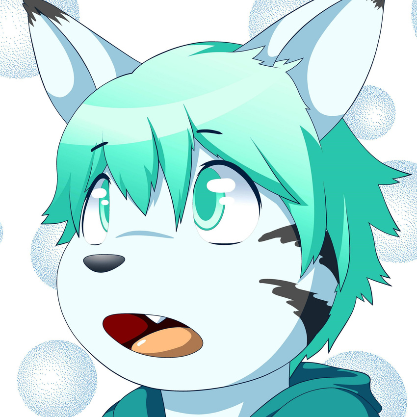 2017 anthro canine cel_shading clothed clothing digital_drawing_(artwork) digital_media_(artwork) feline fox funnybox fur green_eyes green_hair hair hi_res hoodie hybrid icon jacket kemono kourii_raiko male mammal open_mouth short_hair solo tiger white_fur young