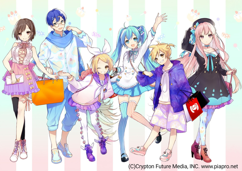 4girls :d ahoge ankle_boots aqua_eyes aqua_hair arm_up bag bangs bare_shoulders black_dress black_footwear black_hat black_legwear blonde_hair blue_choker blue_eyes blue_footwear blue_hair blue_legwear blue_neckwear blue_pants blue_scarf blue_skirt blush boots bow bracelet breasts brown_eyes brown_hair candy casual center_frills choker collarbone cross-laced_footwear crypton_future_media dress eyebrows_visible_through_hair food food_print food_themed_background full_body glasses gradient_clothes grin hair_bow hair_ornament hairband hairclip hand_on_headwear hand_on_hip handbag hat hat_bow hatsune_miku high-waist_skirt high_heel_boots high_heels holding holding_bag holding_food horn jacket jewelry kagamine_len kagamine_rin kaito lace-up_boots leg_up lollipop long_hair long_sleeves looking_at_viewer mary_janes medium_breasts megurine_luka meiko miniskirt mismatched_footwear mismatched_legwear multiple_boys multiple_girls neck_ribbon neckerchief necktie no_socks official_art open_clothes open_jacket open_mouth orange_footwear pants pantyhose parted_lips pearl_bracelet pink_eyes pink_footwear pink_hair pink_legwear pink_neckwear pink_ribbon pleated_skirt print_jacket print_shirt print_shorts purple_footwear purple_sailor_collar purple_skirt ribbon sailor_collar scarf seamed_legwear shirt shoes shopping_bag short_hair short_ponytail shorts side-seamed_legwear single_thighhigh skirt sleeveless sleeveless_shirt smile sogawa standing standing_on_one_leg starry_sky_print striped striped_background striped_legwear sweater swept_bangs teeth thigh_gap thigh_strap thighhighs treble_clef twintails vertical-striped_background vertical-striped_legwear vertical_stripes very_long_hair vocaloid watch watermark waving web_address white_hairband white_legwear white_neckwear white_ribbon white_shirt white_sweater wristwatch yellow-framed_eyewear yellow_bow yellow_eyes
