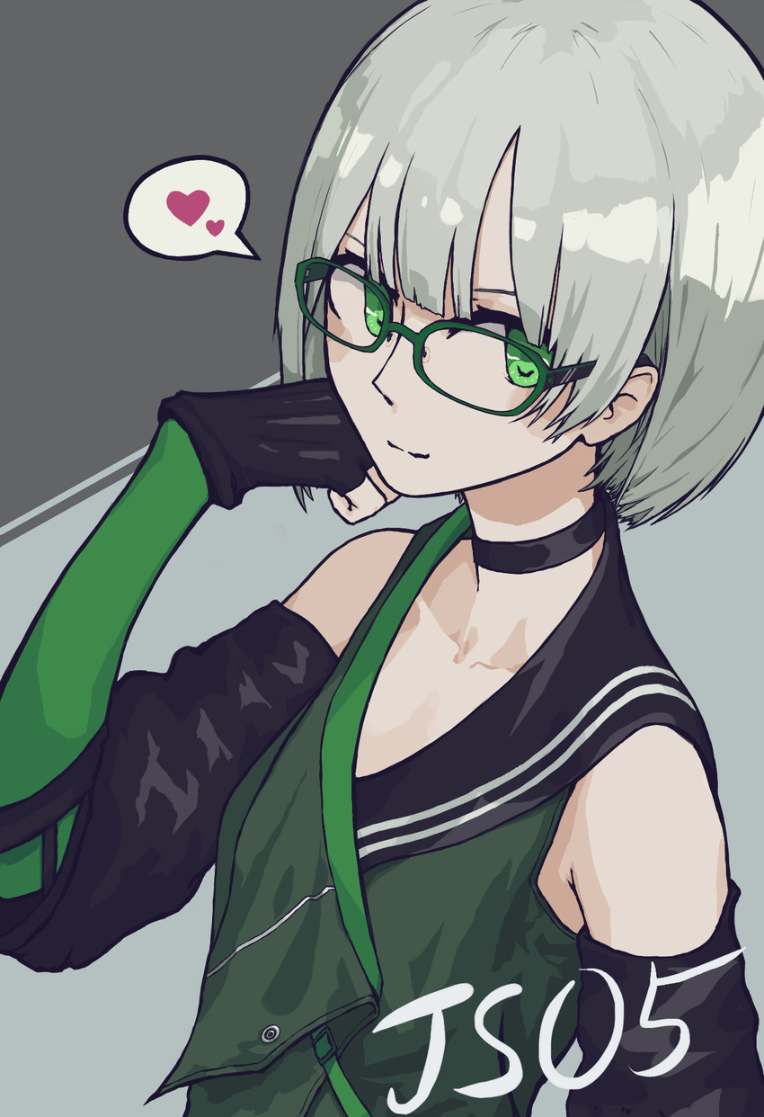 bangs black_choker black_gloves buckle character_name choker collarbone commentary_request detached_sleeves fingerless_gloves girls_frontline glasses gloves green-framed_eyewear green_coat green_eyes hair_between_eyes hand_to_head heart highres js05_(girls_frontline) looking_at_viewer papaia_(quentingqoo) sailor_collar short_hair sidelocks silver_hair simple_background smile solo strap