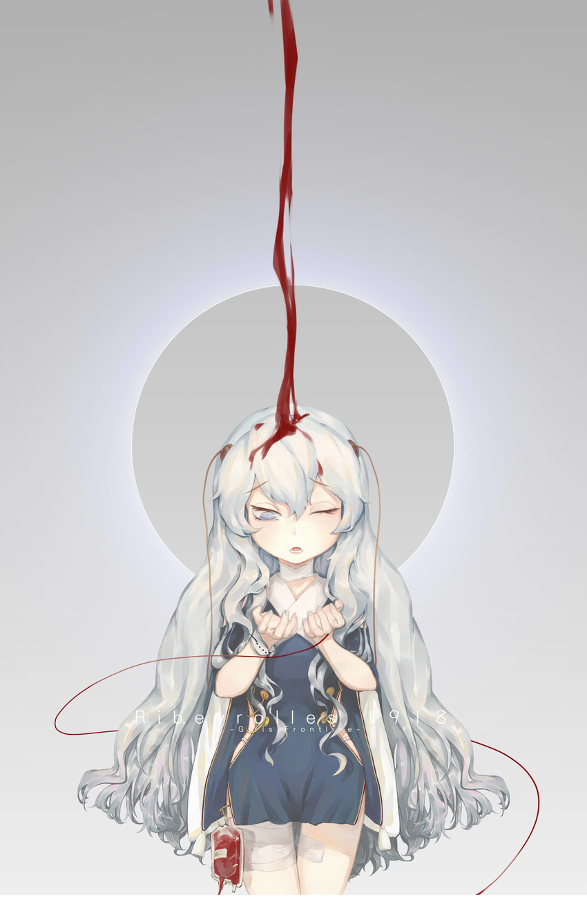 abstract absurdres bandaged_leg bandaged_neck bandages bangs blood blood_bag blood_drip bloody_hair blush character_name chinese_commentary circle closed_mouth commentary_request copyright_name d; double-breasted dress eyebrows_visible_through_hair girls_frontline gold_trim hair_between_eyes half-closed_eye hands_up highres intravenous_drip long_hair long_image looking_at_hands looking_at_viewer messy_hair nail_polish one_eye_closed open_mouth pale_skin panties ribeyrolles_1918_(girls_frontline) side_cutout side_slit silver_eyes silver_hair silver_nails simple_background solo tall_image tassel thighs thong underwear very_long_hair wavy_hair white_panties wide_sleeves wristband yui_(92935941)