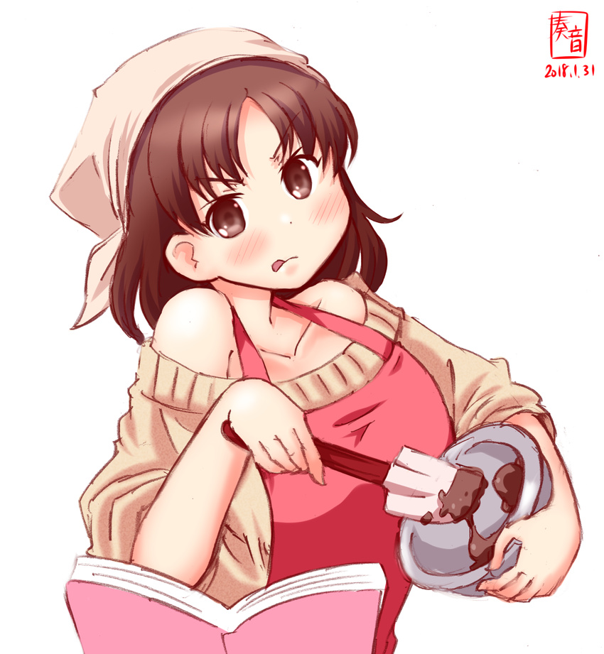 apron artist_logo bare_shoulders beige_sweater book bowl brown_eyes brown_hair chiyoda_(kantai_collection) chocolate commentary_request dated headband highres kanon_(kurogane_knights) kantai_collection mixing_bowl red_apron short_hair simple_background solo spatula sweater tongue tongue_out upper_body white_background