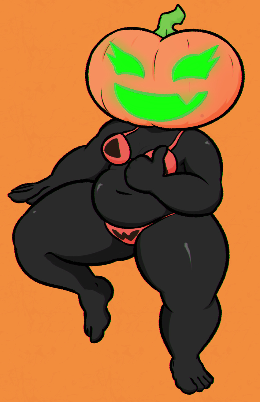 2017 belly breasts clothed clothing deep_navel female food fruit hi_res humanoid jack-o'-lantern navel not_furry open_mouth overweight pumpkin simple_background smile solo underwear wizbooty