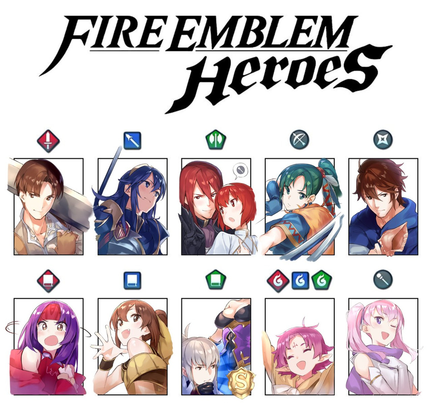 bare_shoulders blonde_hair blue_eyes blush breastplate brown_eyes brown_hair camilla_(fire_emblem_if) dyute_(fire_emblem) fa fire_emblem fire_emblem:_fuuin_no_tsurugi fire_emblem:_kakusei fire_emblem:_monshou_no_nazo fire_emblem:_rekka_no_ken fire_emblem:_souen_no_kiseki fire_emblem_echoes:_mou_hitori_no_eiyuuou fire_emblem_heroes fire_emblem_if frederik_(fire_emblem) green_eyes green_hair hairband headband highres ichikei jewelry long_hair lucina lyndis_(fire_emblem) mamkute maria_(fire_emblem) misheil_(fire_emblem) multiple_girls open_mouth pink_hair ponytail purple_hair red_eyes red_hair robe robin_(fire_emblem_gaiden) sanaki_kirsch_altina serra short_hair siblings simple_background smile takumi_(fire_emblem_if) twintails yellow_eyes