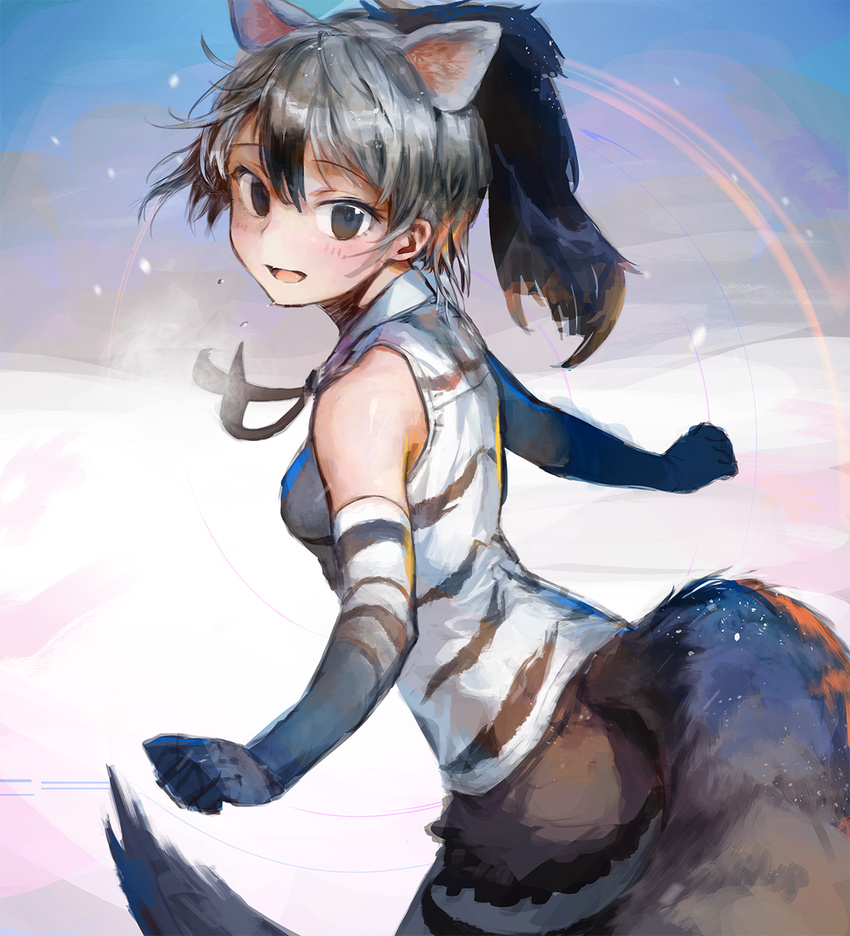 :d aardwolf_(kemono_friends) aardwolf_ears aardwolf_tail animal_ears bare_shoulders black_hair black_neckwear black_ribbon blush commentary elbow_gloves gloves grey_hair hair_between_eyes highres kemono_friends looking_at_viewer looking_to_the_side multicolored_hair neck_ribbon open_mouth ponytail ribbon shirt smile solo standing streaked_hair striped striped_shirt tail treeware