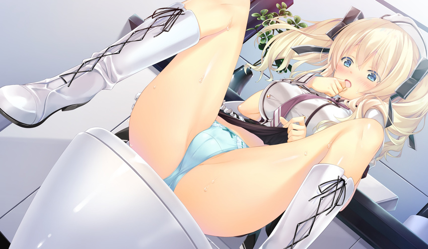 ashishun blonde_hair blue_eyes blue_panties blush boots bow bow_panties dutch_angle game_cg gusset hair_ribbon hand_to_own_mouth highres indoors legs_apart long_hair official_art open_mouth ouchi_ni_kaeru_made_ga_mashimaro_desu panties raiha_raikkonen ribbon sitting skirt solo sweat toilet twintails underwear white_footwear