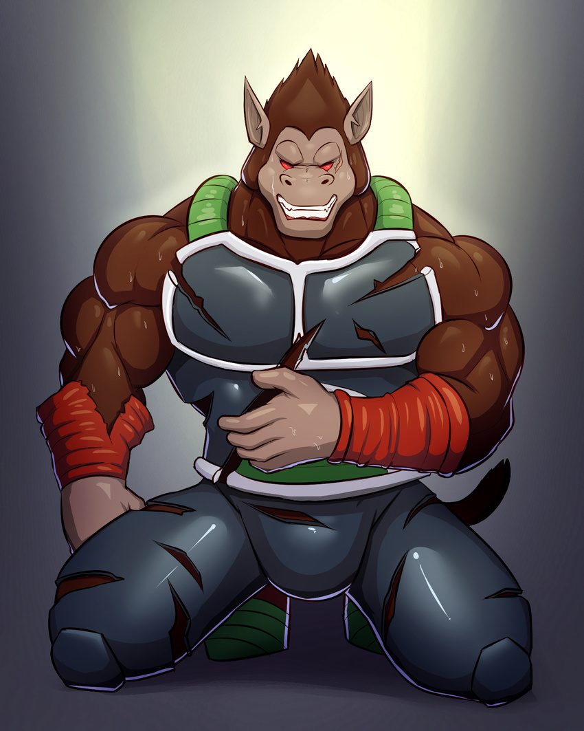 anthro big_muscles brown_fur bulge clothed clothing dragon_ball dragon_ball_z fur hi_res looking_at_viewer male muscular muscular_male oozaru primodrago red_eyes