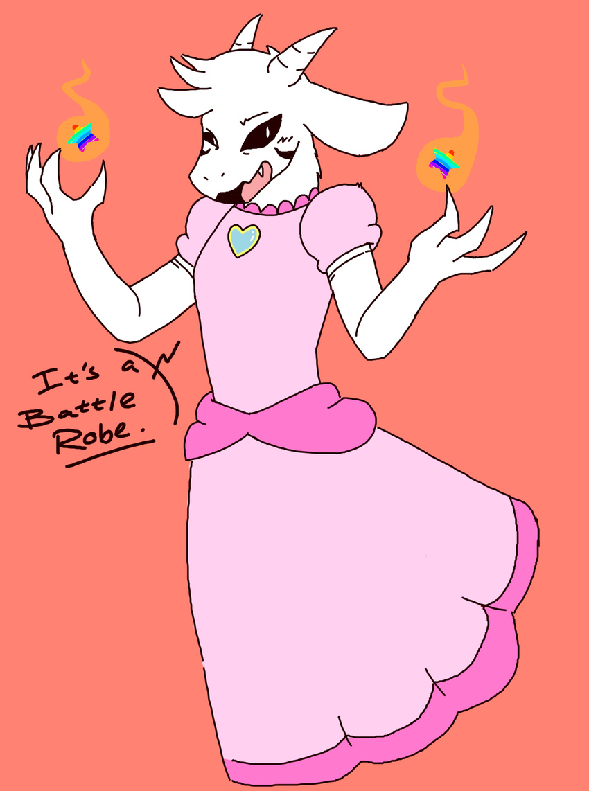 anthro asriel_dreemurr black_sclera boss_monster caprine clothed clothing crossdressing dezz dress english_text goat god_of_hyperdeath hi_res horn long_ears male mammal rainbow simple_background solo text undertale video_games