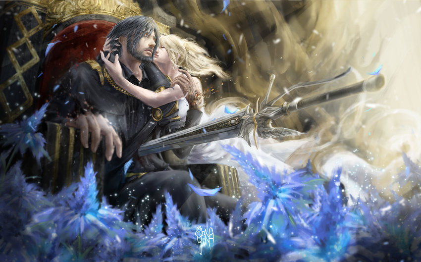 1boy 1girl beard blonde_hair cape closed_eyes commentary_request crying death dissolving facial_hair final_fantasy final_fantasy_xv flower highres hug impaled katrina_chiu lunafreya_nox_fleuret noctis_lucis_caelum open_collar petals photoshop_(medium) sitting spoilers strap sunlight sword throne weapon