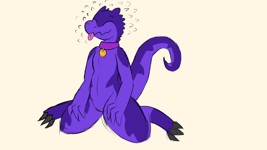 3_toes ambiguous_gender anthro collar drake_(kobold) eyes_closed kobold name_tag purple_scales reptile scales scalie shikiso solo striped_tail stripes toes tongue