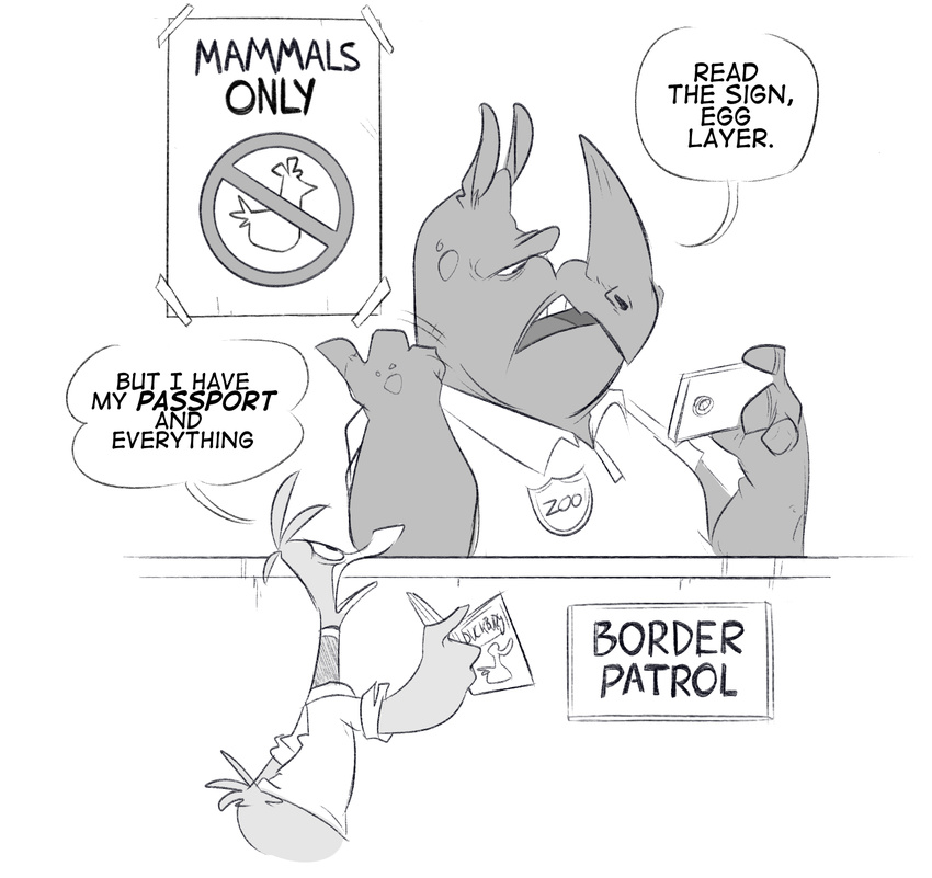 4_fingers anthro avian badge bird cellphone clothing dialogue disney duck duo english_text feathers greyscale herny hi_res holding_object holding_phone horn mammal monochrome no_symbol open_mouth passport phone raised_inner_eyebrows rhinoceros sign speech_bubble tail_feathers text zootopia