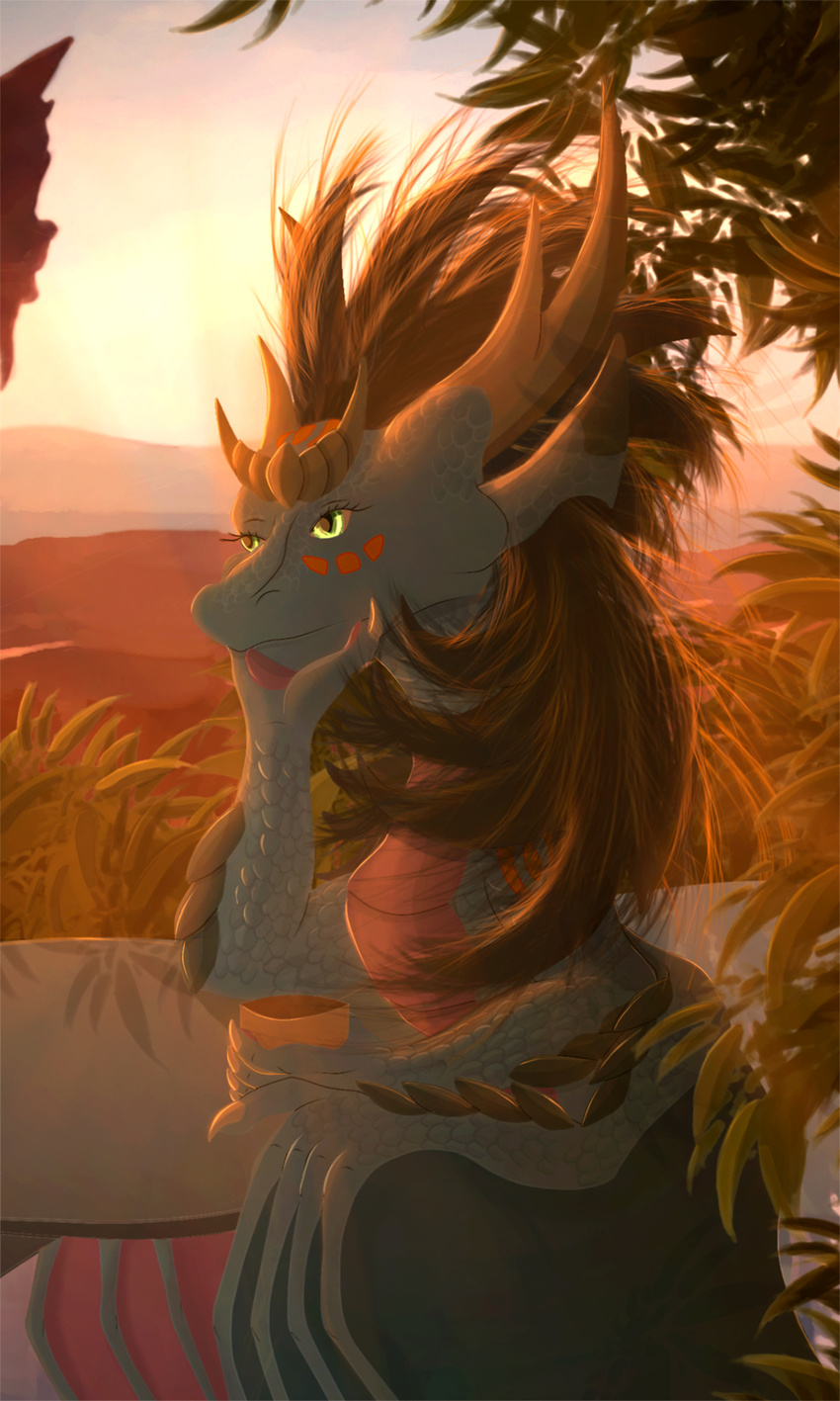 day detailed_background digital_media_(artwork) dragon feral green_eyes hair horn outside solo telleryspyro