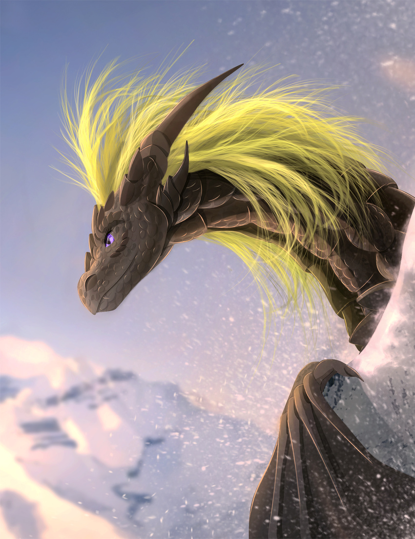 2016 blonde_hair detailed_background digital_media_(artwork) dragon eyelashes feral hair horn membranous_wings purple_eyes solo telleryspyro wings