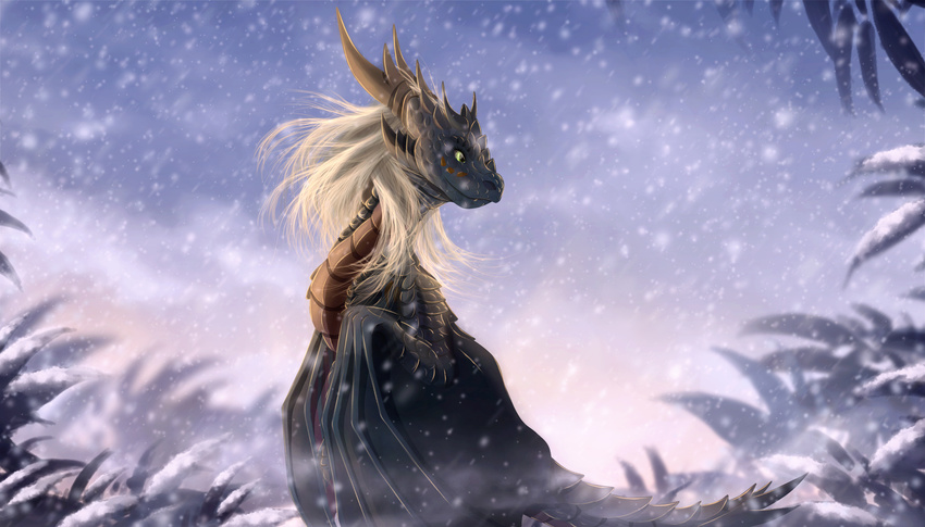2016 digital_media_(artwork) dragon eyelashes feral hair horn membranous_wings smile snow snowing solo telleryspyro white_hair wings yellow_eyes