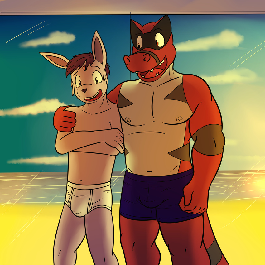 anthro anthrofied boxers_(clothing) briefs bulge clothed clothing duo eeveelution espeon fuze hi_res krookodile male nintendo pok&eacute;mon pok&eacute;mon_(species) pok&eacute;morph standing sunset tighty_whities topless underwear video_games white_underwear window