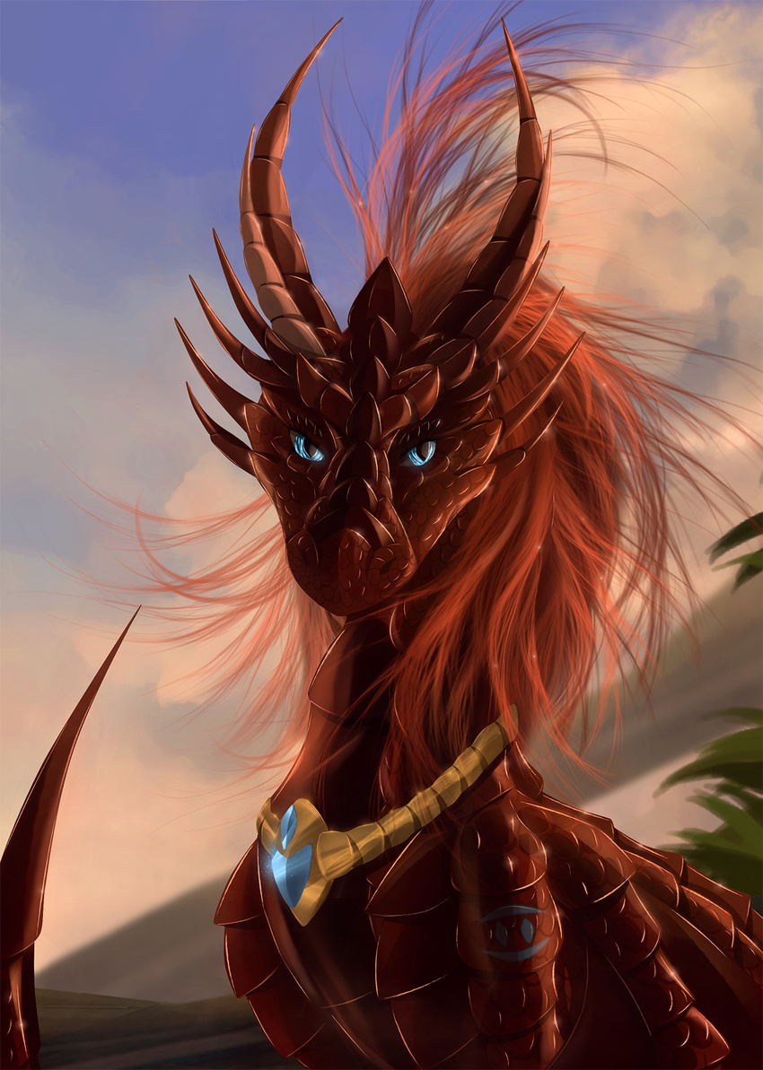 2017 blue_eyes day detailed_background digital_media_(artwork) dragon feral hair horn looking_at_viewer outside red_hair red_scales scales sitting solo telleryspyro