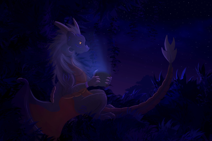 detailed_background digital_media_(artwork) dragon feral holding_object horn night outside sitting sky solo star starry_sky telleryspyro yellow_eyes